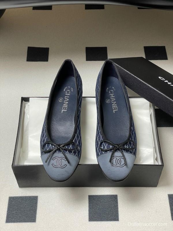 2025 Women Chanel Blue Denim Leather Ballet Flat