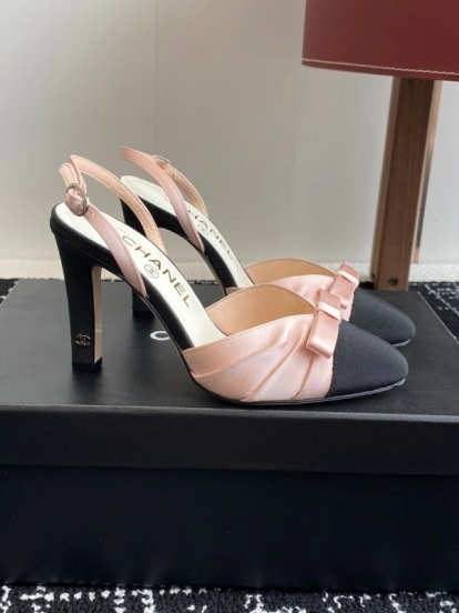 2025 Women Chanel Pink Black Satin Leather Slingback Heels KFY00289