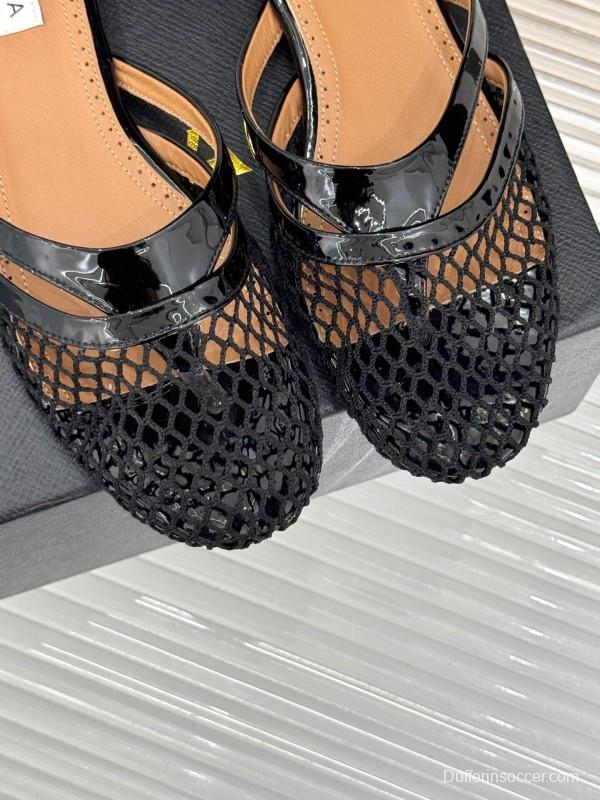 2025 Women AlAIA Black Leather Mesh Flat Mule KFY00260