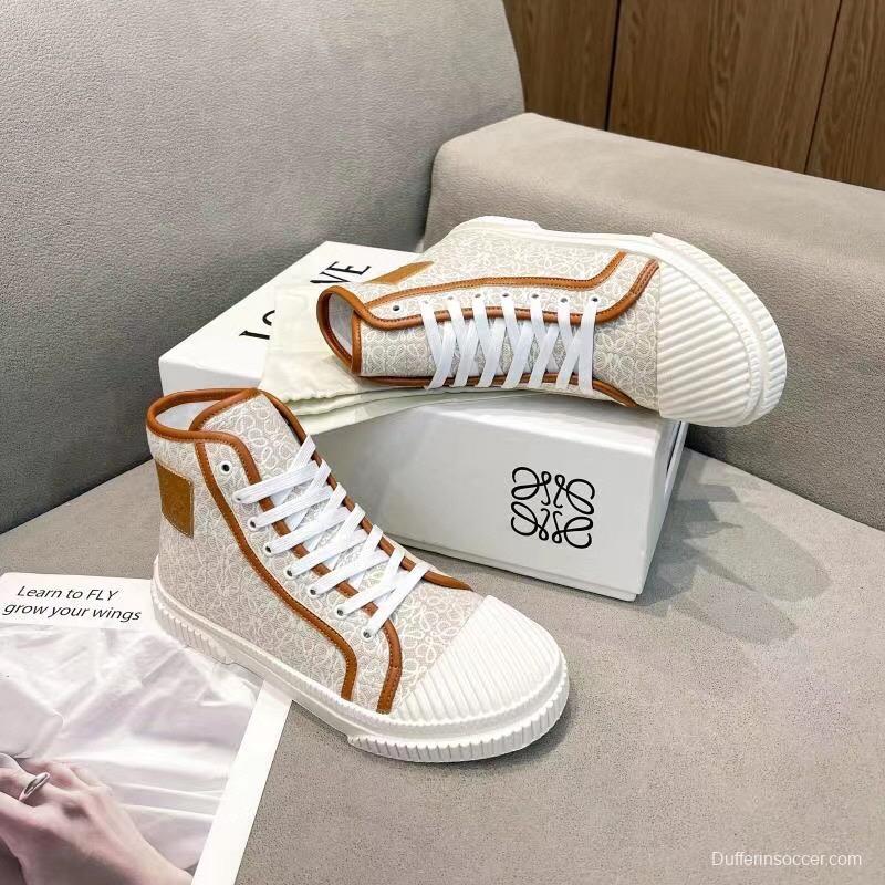 2025 Women Loewe White Brown Canvas High-top Sneakers LY00420