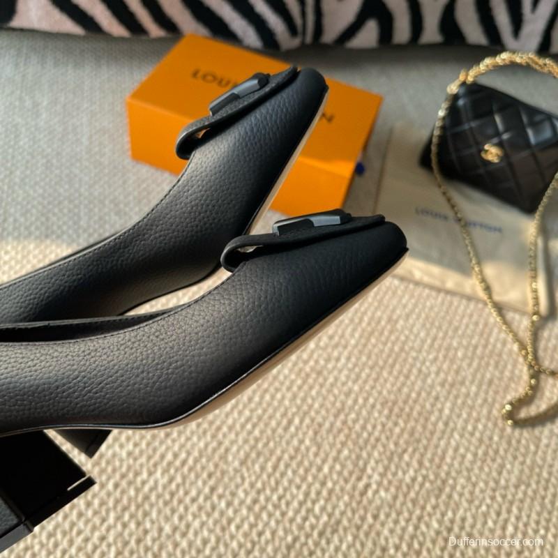 2024 Women Louis Vuitton Black Leather Mid Heel Pumps