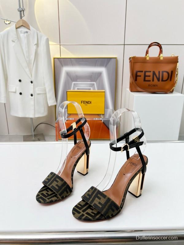 2025 Women Fendi Brown Black Leather Fabric High Heel Sandals