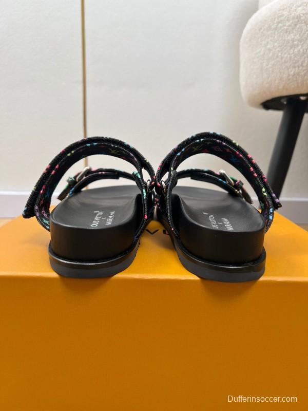 2025 Women Louis Vuitton Black Rainbow Canvas Slippers KFY00280