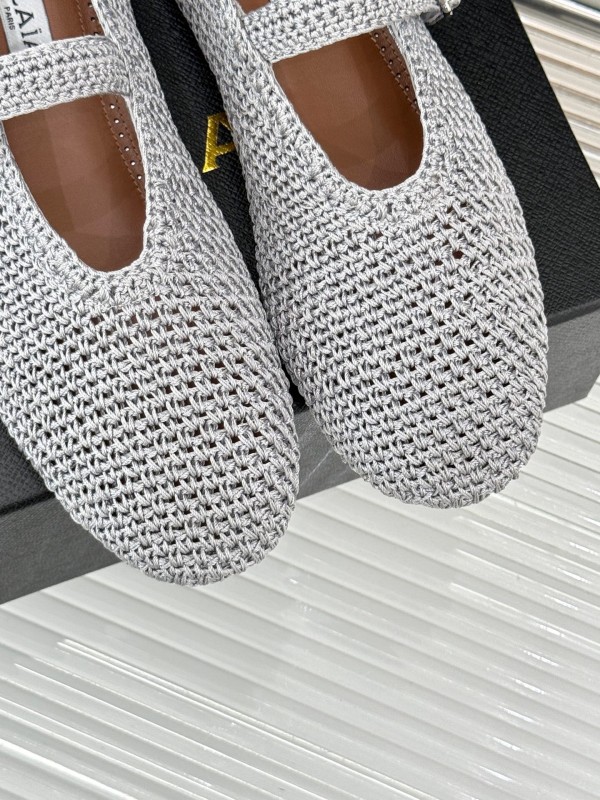 2025 Women AlAIA White Grey Knit Mary Jane Ballet Flat