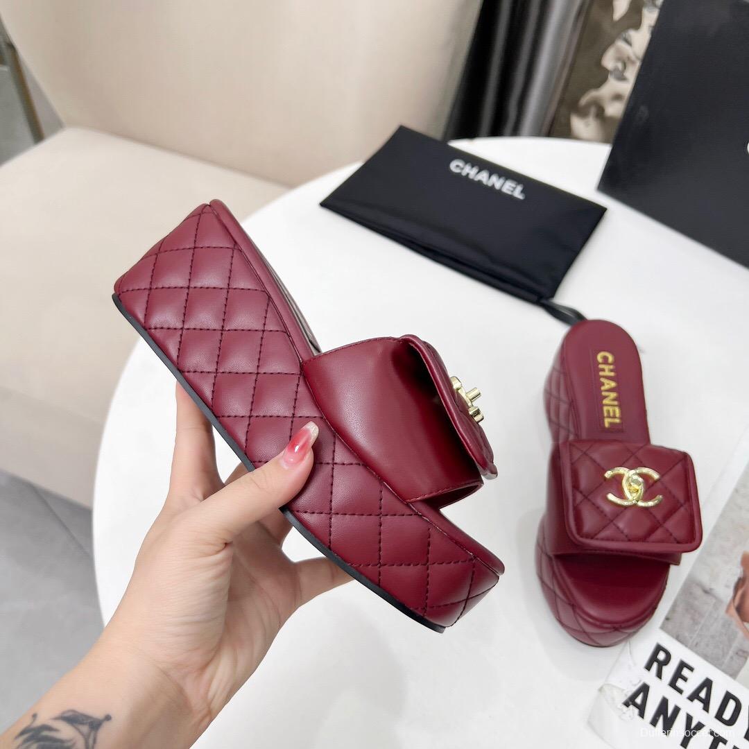 2025 Women Chanel Burgundy Leather Platform Sandals