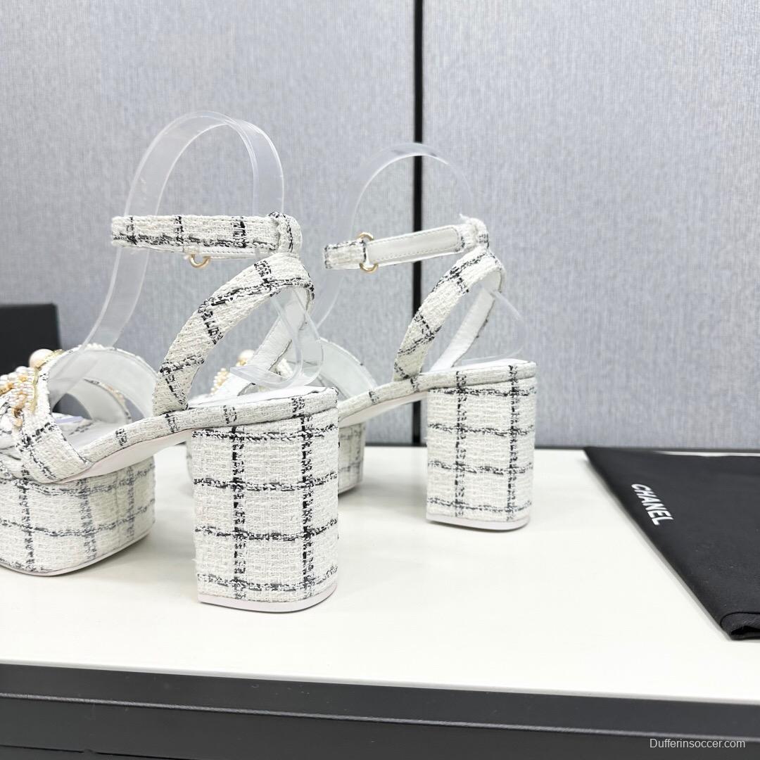 2025 Women Chanel White Black Fabric Platform Sandals Pearl Embellishment