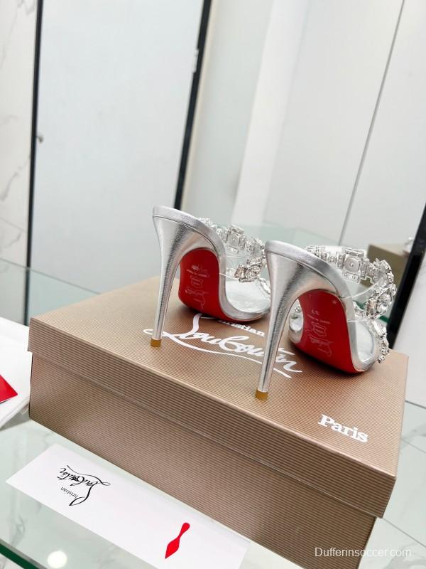 2025 Women Christian Louboutin Silver Leather High Heel Sandals Diamond Decoration LY00300