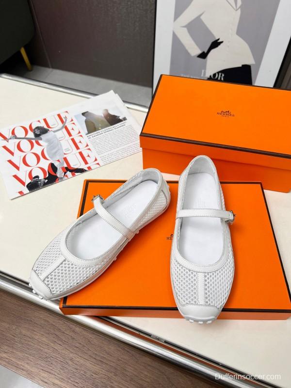 2025 Women Hermès White Leather Mesh Mary Jane LY00230