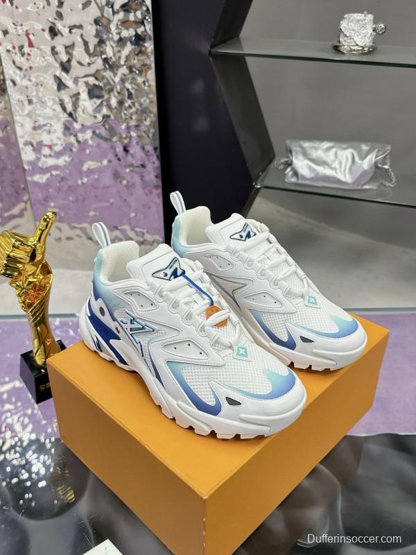 2025 Men Louis Vuitton Blue White Mesh Leather Sneakers MJ00420