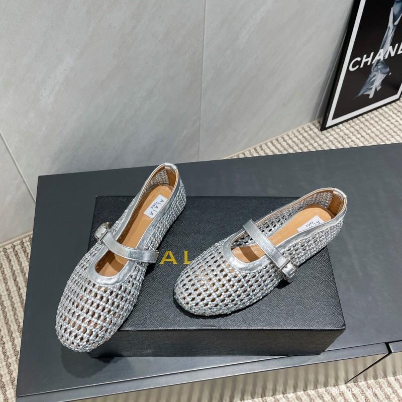 2025 Women Alaïa Silver Leather Woven Mary Jane Flats LY00360(F)