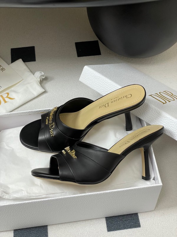 2025 Women Dior Black Leather High Heel Mules