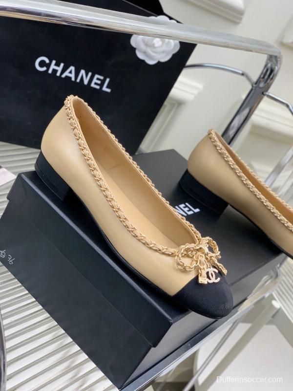 2025 Women Chanel Beige Black Leather Ballet Flats