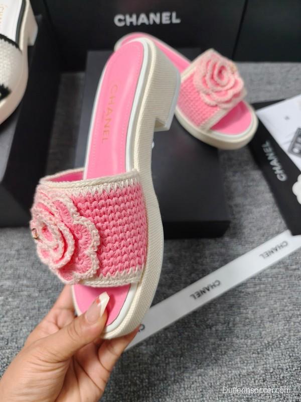 2025 Slippers Chanel Pink Straw Slide Floral LY00360