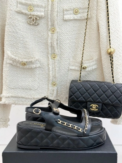 2025 Women Chanel Black Lambskin Platform Sandals Chain KFY00270