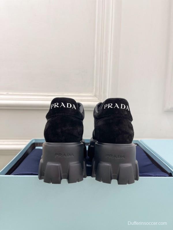 2025 Unisex Prada Black Suede Leather Sneakers KFY00310(F)/KFY00330(M)