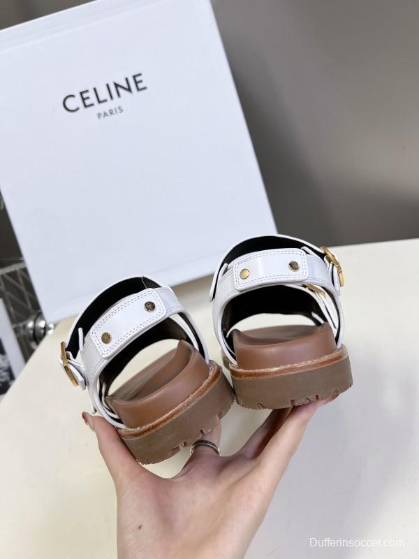 2025 Women Celine White Leather Sandals Buckle KFY00280