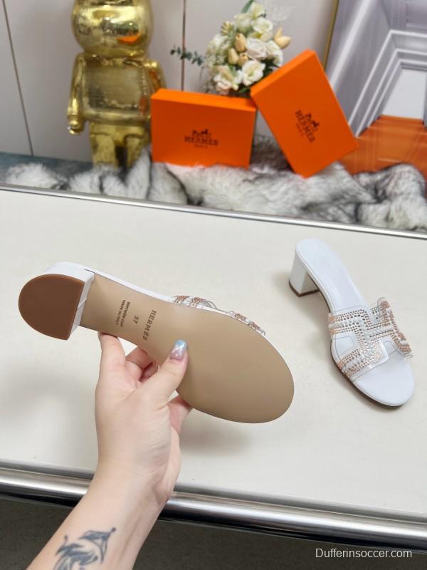 2025 Hermès White Leather Slippers H Pattern MJ00180