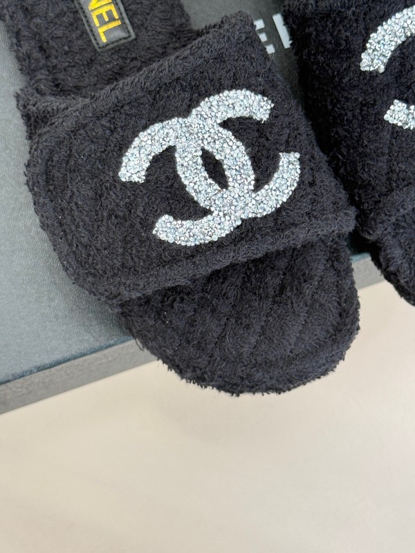 2025 Women Chanel Black Terry Cloth Slippers KFY00220