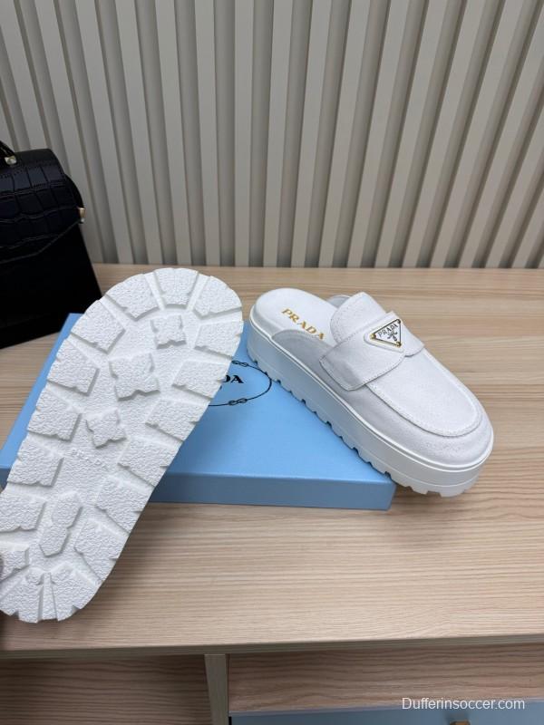 2025 Women Prada White Canvas Platform Loafers