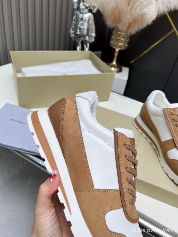 2024 Unisex Brunello Cucinelli White Brown Suede Leather Sneakers MJ00360
