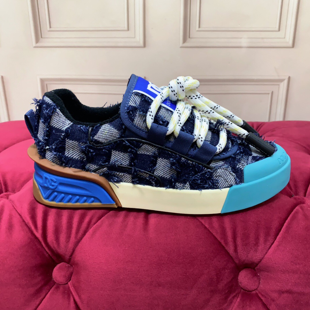 2025 Unisex Dolce & Gabbana Blue White Brown Denim Leather Sneakers