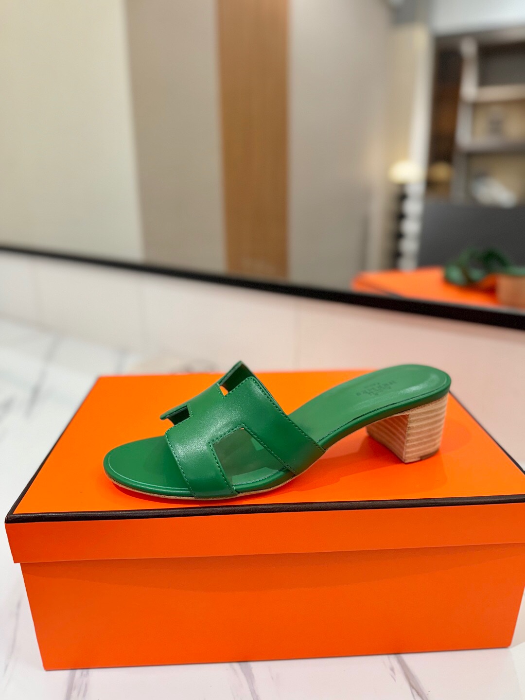 2025 Women Hermès Green Leather Sandal