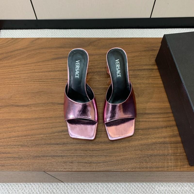 2025 Women VERSACE Pink Leather Slippers