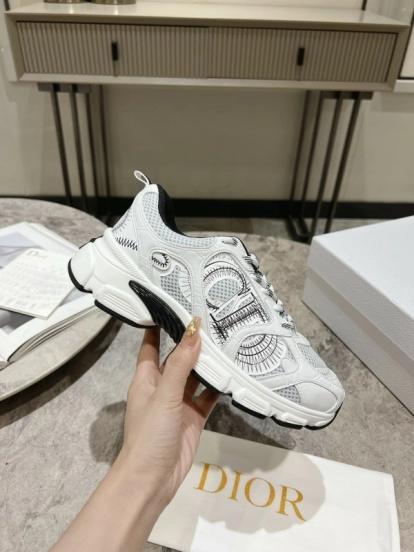 2025 Women Dior White Mesh Leather Sneakers
