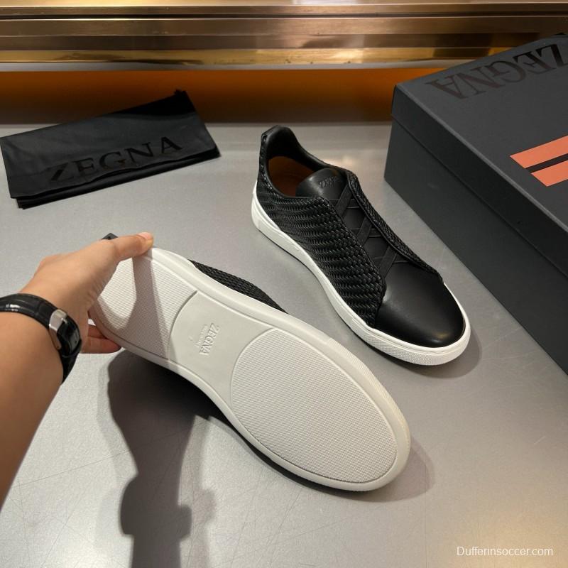 2024 Men Ermenegildo Zegna Black Smooth Calfskin Pelletessuta Sneakers Elastic Detail MJ00280