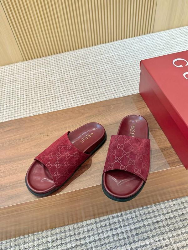 2025 Women Gucci Red Suede Leather Slippers