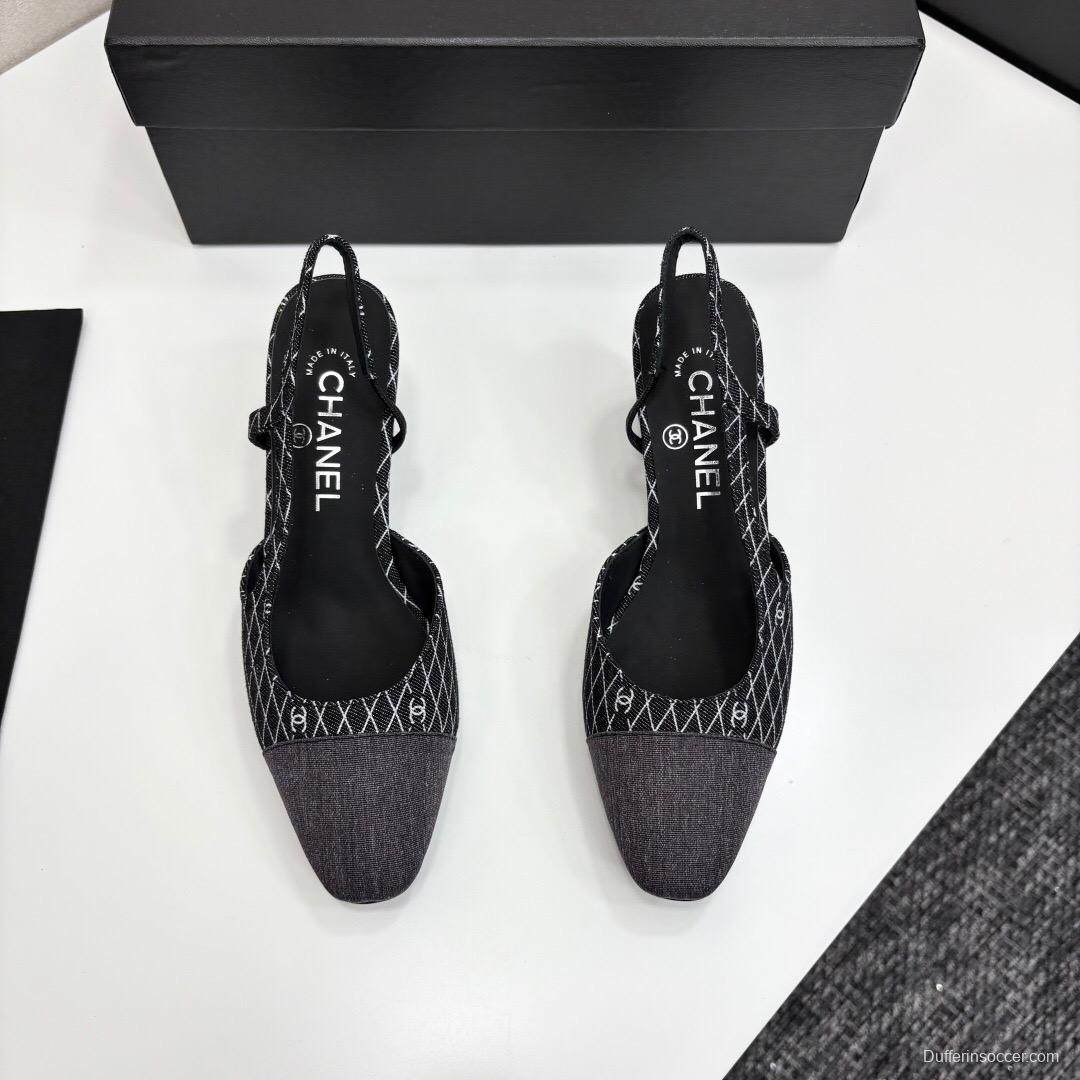 2025 Women Chanel Black White Fabric Slingback Heel LY00240