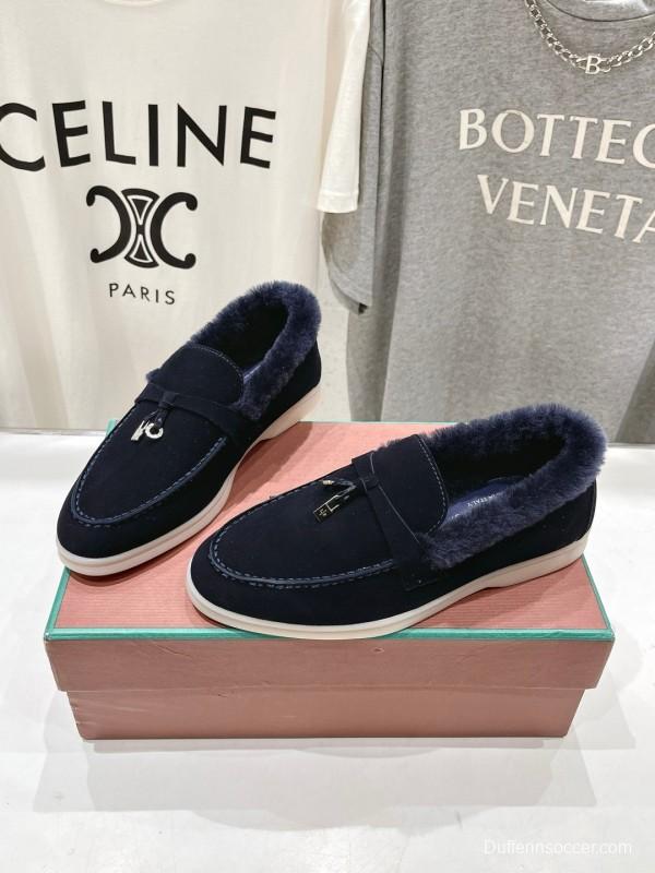 2024 Women LP Navy Suede Fur Loafers