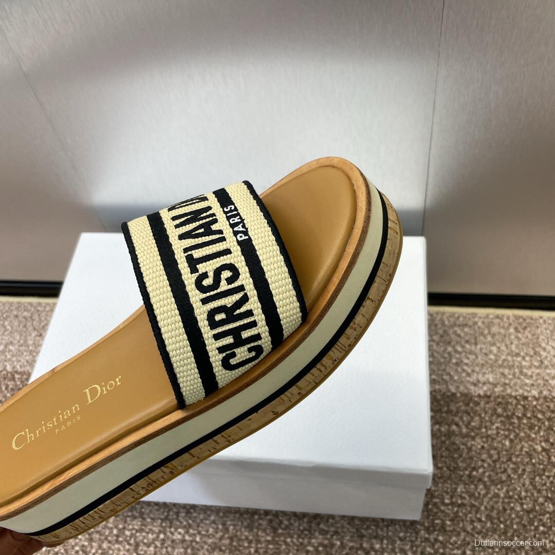 2025 Slippers Dior Beige Black Textile Platform Embroidery