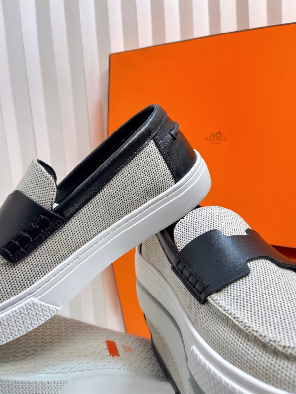 2025 Unisex Hermès Black White Leather Fabric Loafers LY00310(F)/LY00320(M)