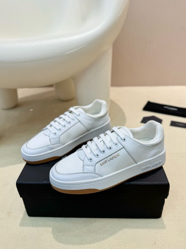 2024 Unisex Yves Saint Laurent White Silk Leather Sneakers Gold Hole Punch MJ00350
