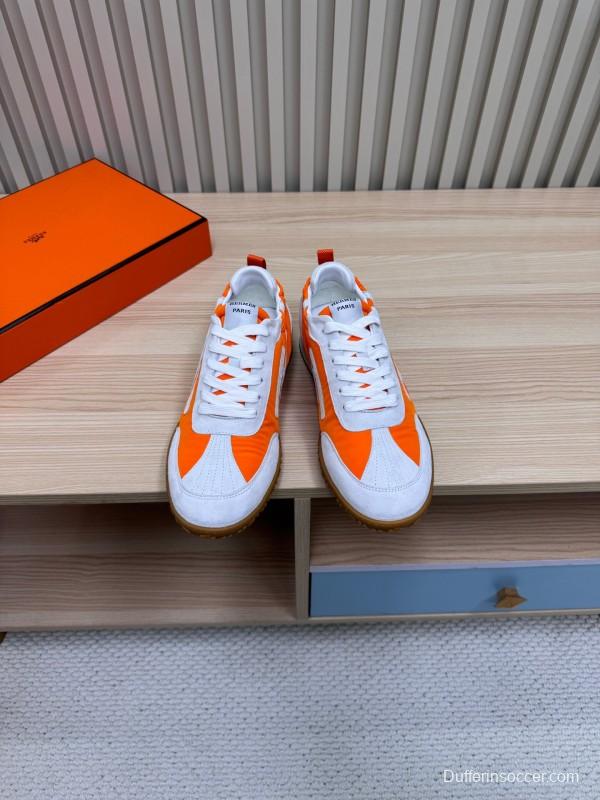 2025 Unisex Hermès Orange White Suede Nylon Sneakers Top Version LY00310