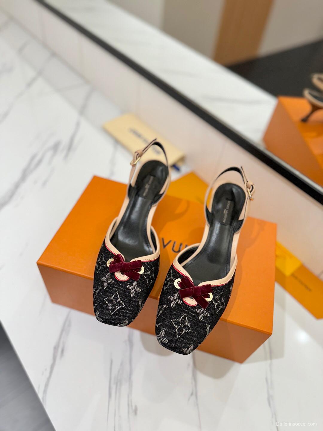 2025 Women LV Black Pink Denim Leather Slingback Heels KFY00310