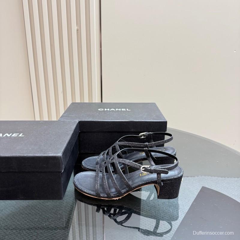 2025 Women Chanel Black Leather Sandals KFY00290
