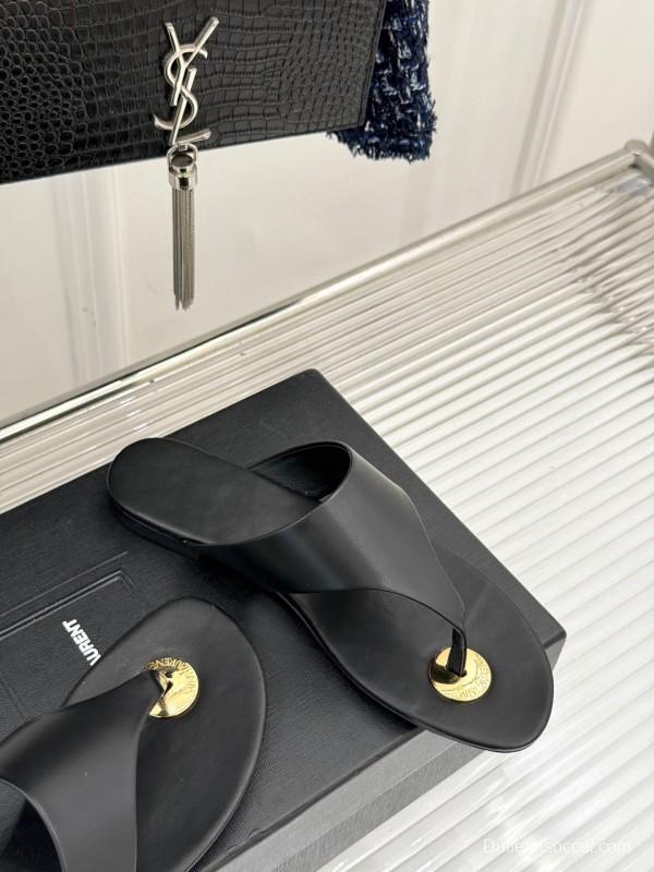 2025 Slippers Yves Saint Laurent Black Leather Slippers KFY00270