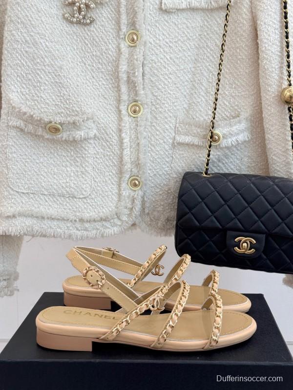 2025 Women Chanel Beige Leather Sandals KFY00270