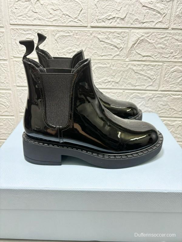 2024 Unisex Prada Black Patent Calf Leather Cowhide Leather Ankle Boots MJ00380