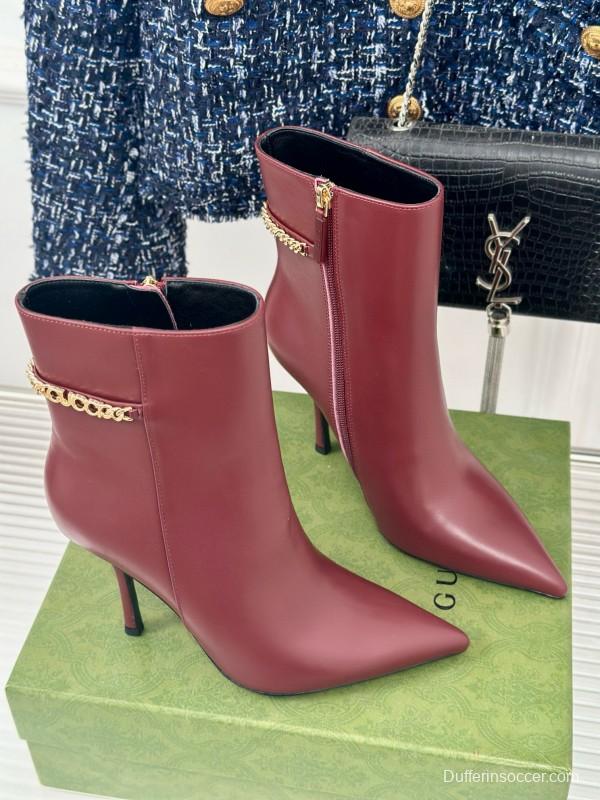 2024 Women Gucci burgundy leather ankle boots chain detail MJ00410