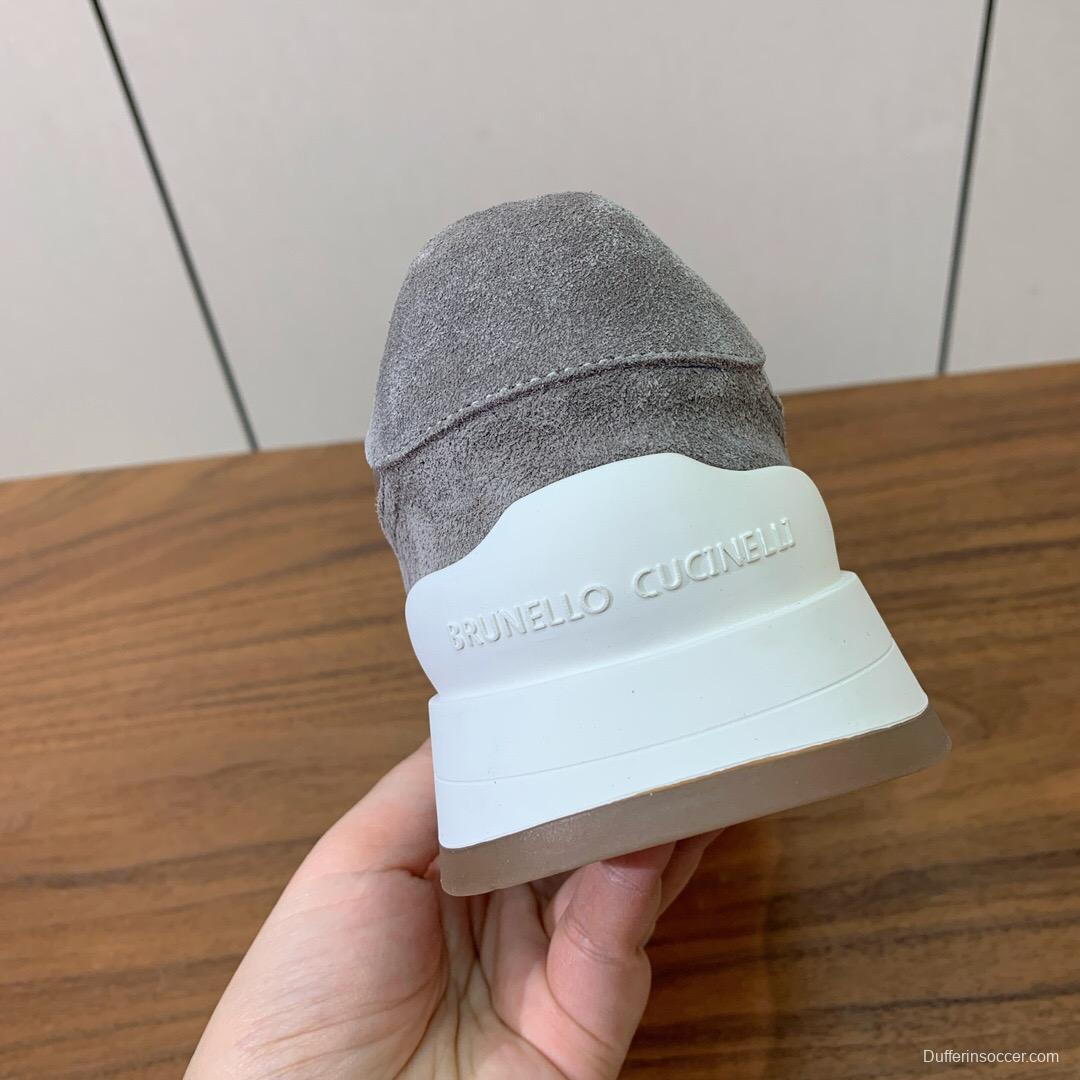2025 Unisex Brunello Cucinelli Grey White Suede Mesh Leather Sneakers Handcrafted Beaded Chain KFY00310