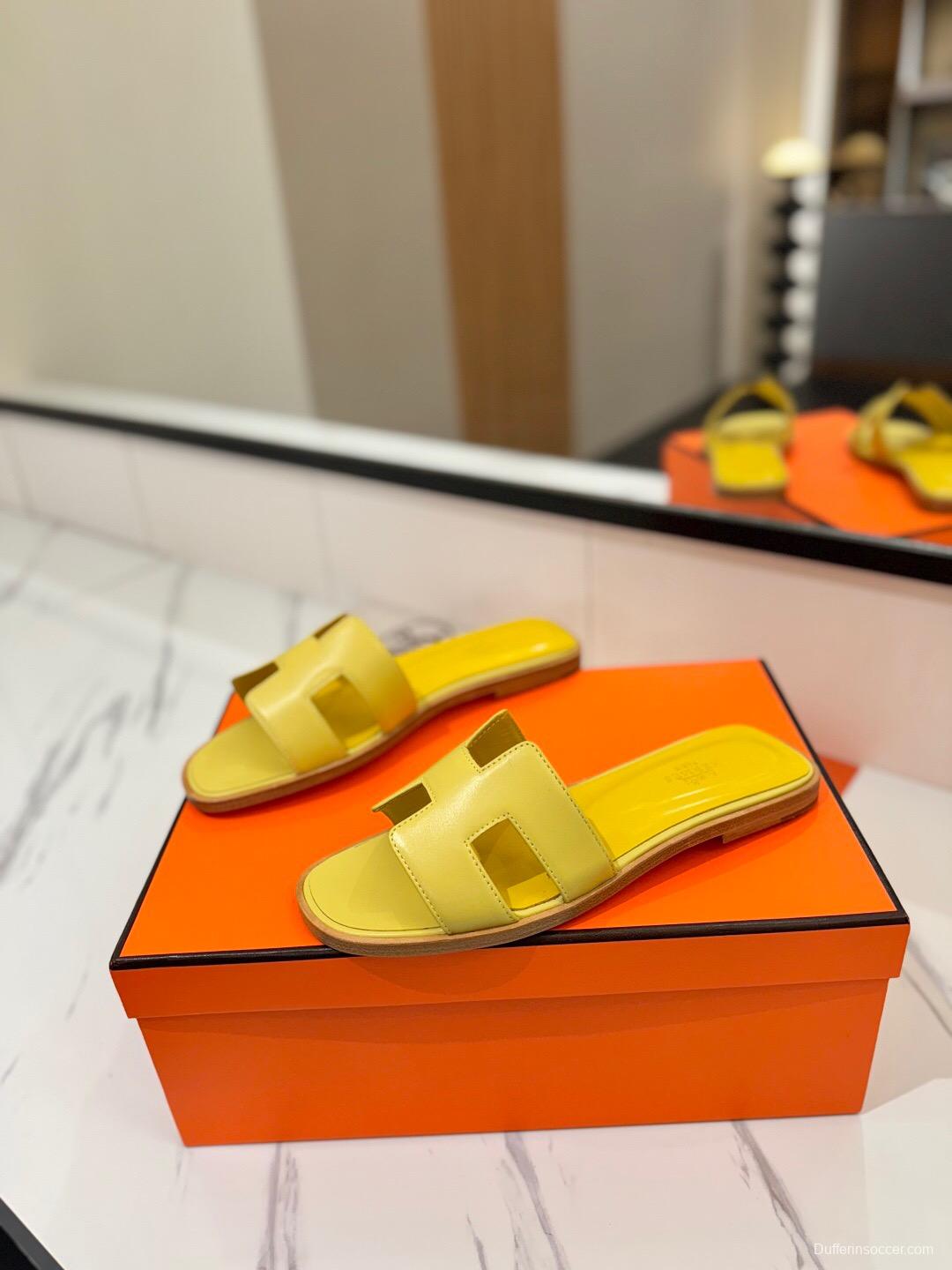 2025 Women Hermès Yellow Leather Slippers