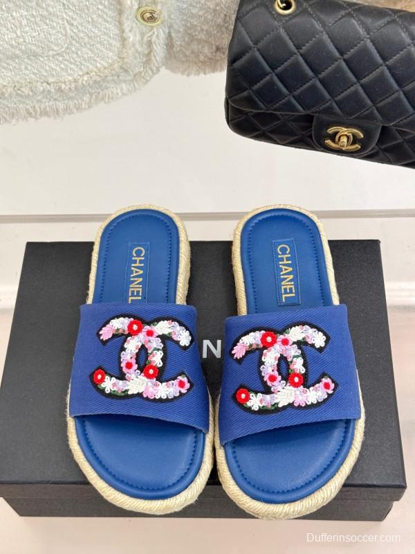 2025 CHANEL Blue Canvas Slippers Embroidered KFY00230