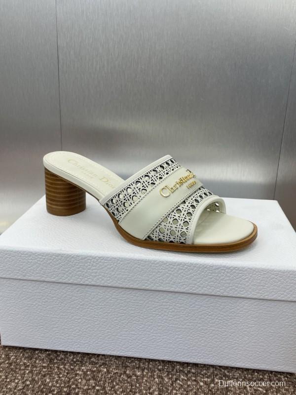 2025 Women Dior White Leather Sandals CD Pattern Low Heel KFY00310