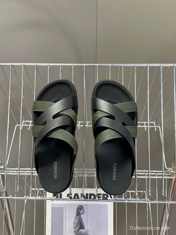 2025 Slippers Hermès Black Green Leather Fabric Slippers