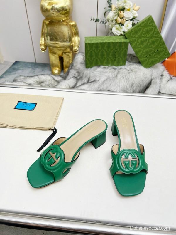 2025 Gucci Green Leather Slippers MJ00190/225