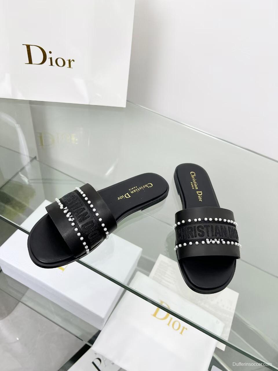 2025 Women Dior Black Leather Slippers Pearl Embellishment LY00190