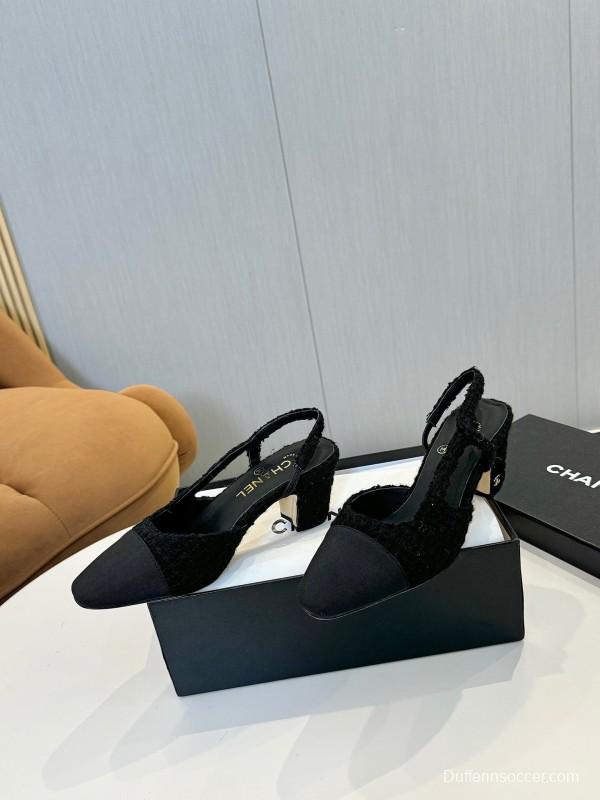 2025 Women Chanel Black Fabric Leather Slingback Heels LY00240